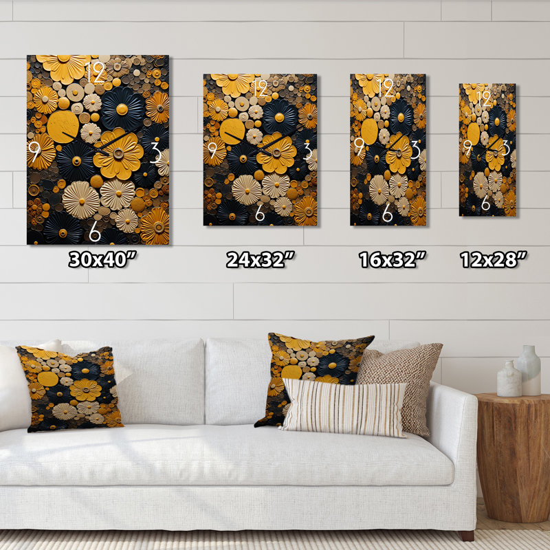 Horloge murale surdimensionnée avec poterie fleurs jaunes Boho, Médium
