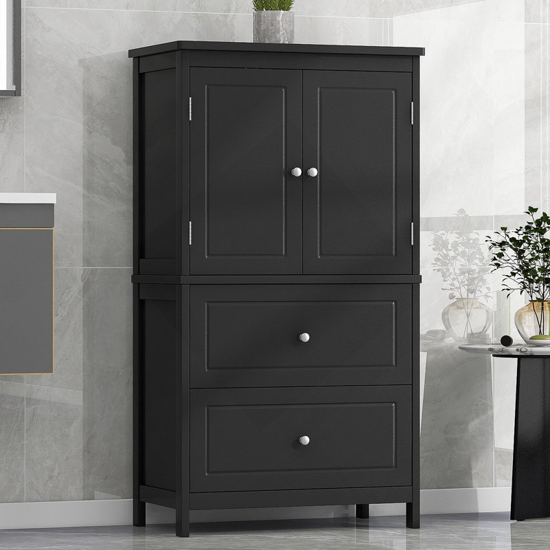 Armoire de rangement pour salle de bain, armoire avec deux portes et tiroirs, tablette réglable, panneau de fibres à densité moyenne