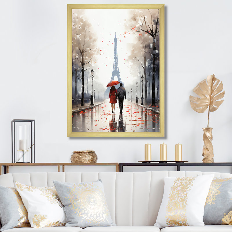 «Paris Love Couple», Tour Eiffel, aquarelle - décoration murale Paris, H 40 po x l 30 po x P 1,5 po, Cadre doré simple