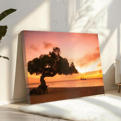 Pink Tree Aruba Sunset Canvas Solid Wood Frame Support Wall Art,16" X 24"