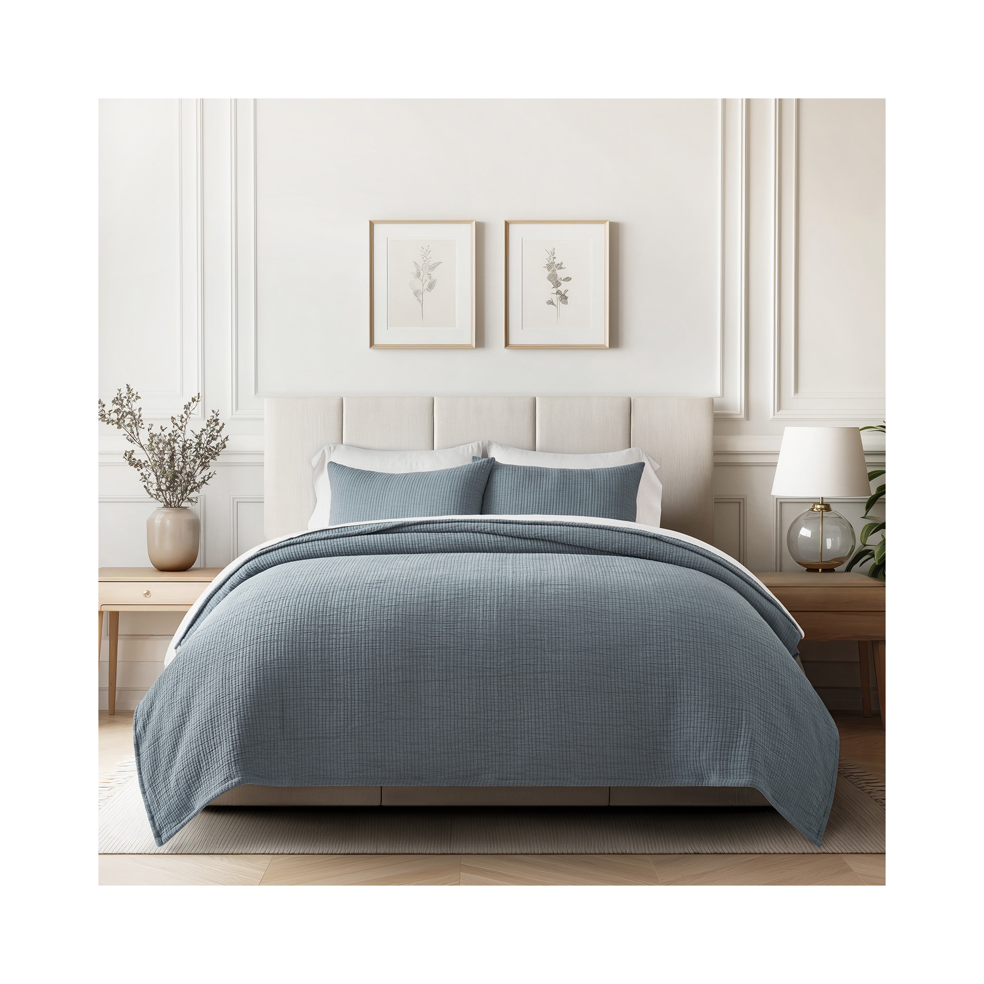 Solid Cotton Gauze Pick-stitch Matelesse Coverlet Bedspread set, Dusty Blue, Queen Quilt + 2 Queen Shams