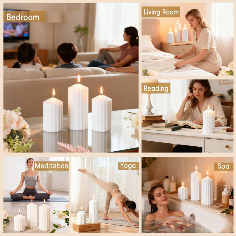 Grandes bougies 3 pièces à nervures, cire de soja non parfumée, bougies sans fumée non toxiques pour la maison et la décoration de table