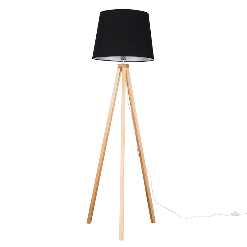 Nemours 159cm Basbro Tripod Floor Lamp Shade, Black, No, Light Wood