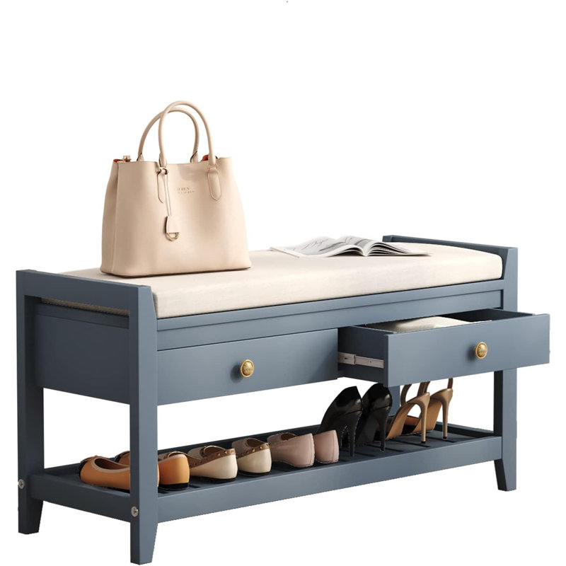 Etom Upholstered End Table With Storage Drawers And Shoe Rack, Blue