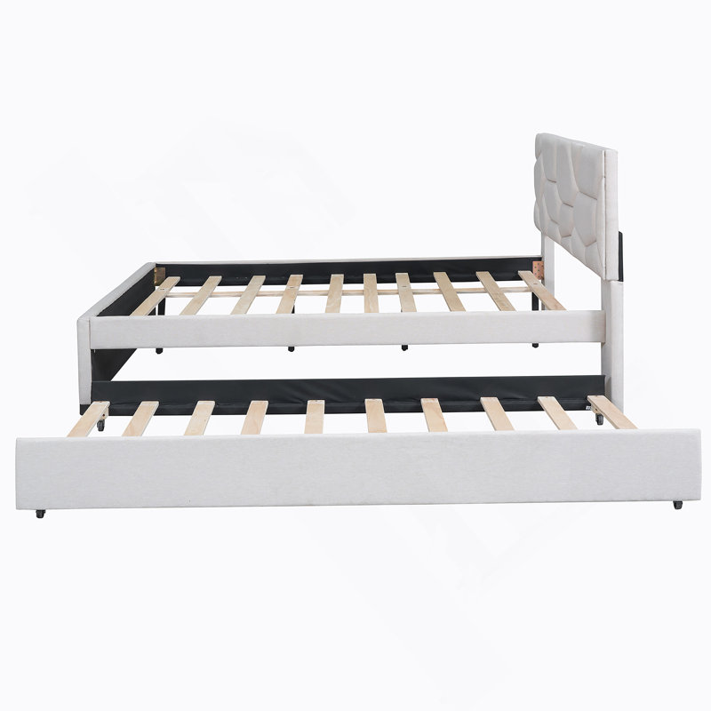 Lit plateforme tapissier avec tête de lit et lit gigogne à motif brique, Beige, Double