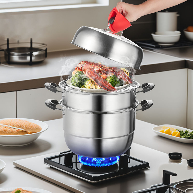 VEVOR 3-Tier Stainless Steel Steamer Pot with Tempered Glass Lid