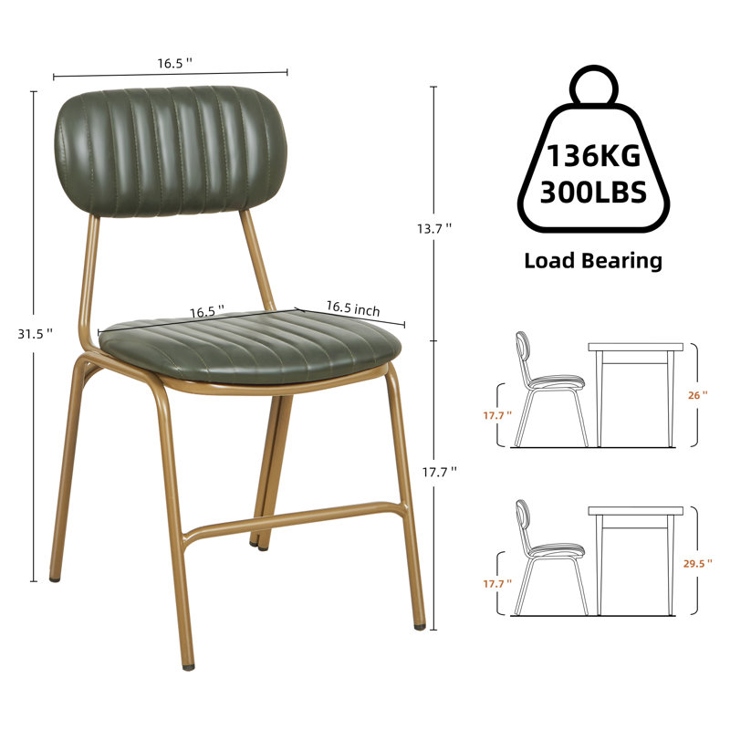 Dining Chairs Set of 2, Upholstered Mid-Century Faux Leather Cushion Seat & Metal Legs with Wood Backrest Easy Assembly Stackable Chairs for Living Room,Kitchen, Restaurant