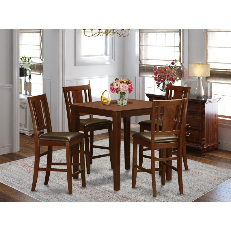 5 Piece Counter Height Dining Table Set Includes a Square Kitchen Table and 4 Faux Leather Dining Chairs, Mahogany