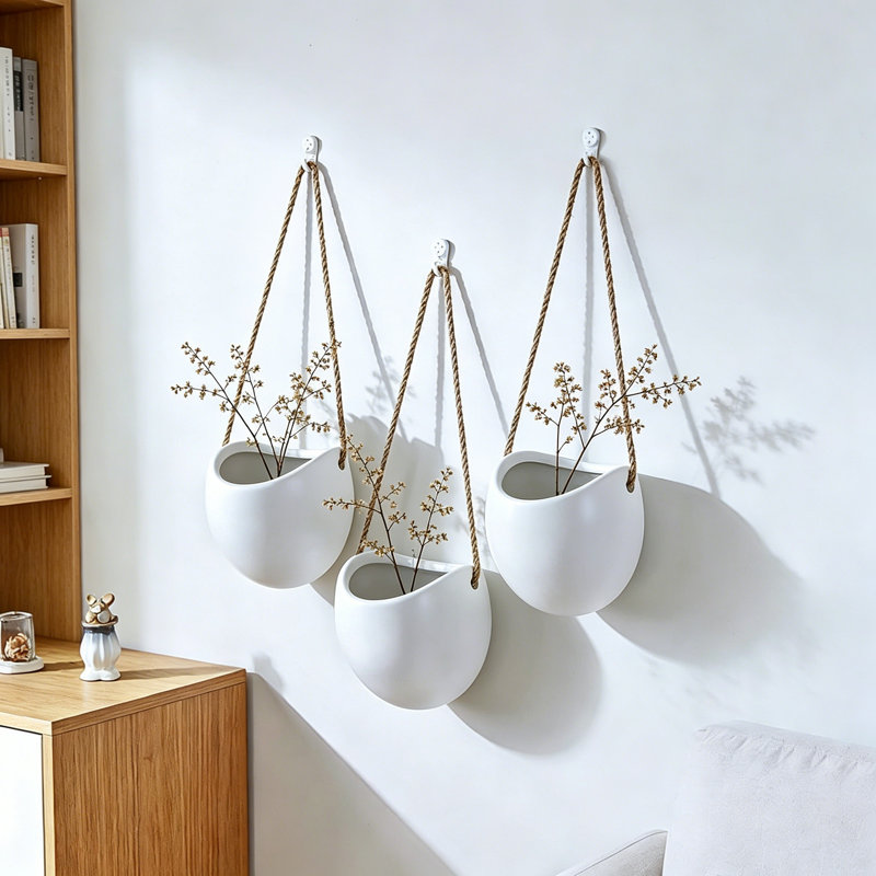 Ensemble de 3 vases muraux en céramique - Pots de fleurs suspendus pour plantes d'intérieur, décoration murale pour hall d'entrée