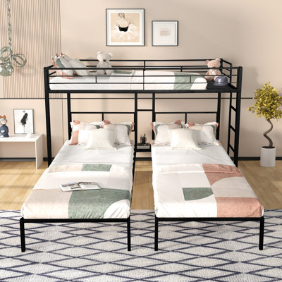 Triple Twin Bunk Bed Made Of Strong Steel, Squeak- Slats, Convenient Side Table, And Guardrails For Shared Spaces Space Black Steel With Wooden Extended Upper Area, Growing Families
