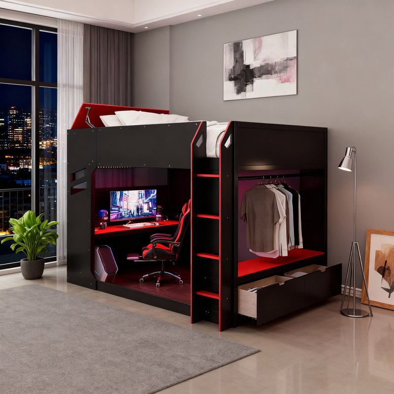Lit mezzanine double avec bureau ajustable, lumières RVB, tête de lit, tiroirs et garde-robe, Rouge