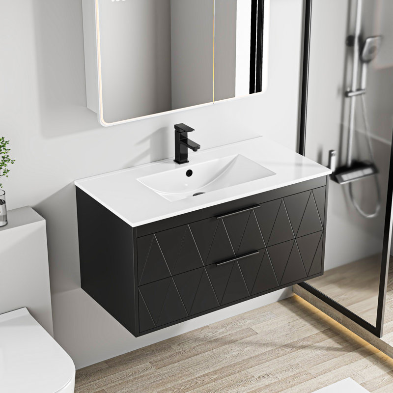 Ensemble de meuble-lavabo mural simple Sharee avec comptoir d'évier, robinet et drain en alliage de zinc, armoire flottante avec tiroirs à fermeture en douceur