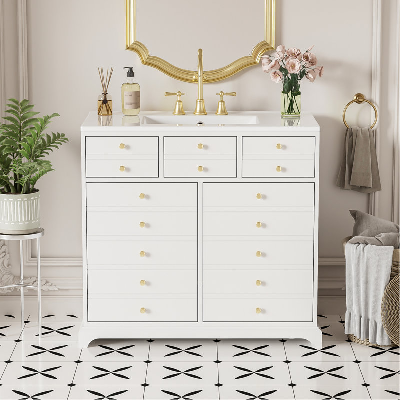 36'' Bathroom Vanity With Ceramic Sink Combo, Solid Wood Frame Bathroom Storage Cabinet, Freestanding Vanity Set With 2 Drawers& Soft Closing Doors, White