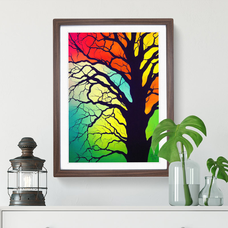 Colourful Abstract Tree No.6 - Wall Art, 66cm H x 48cm W x 2cm D, Walnut Framed, White