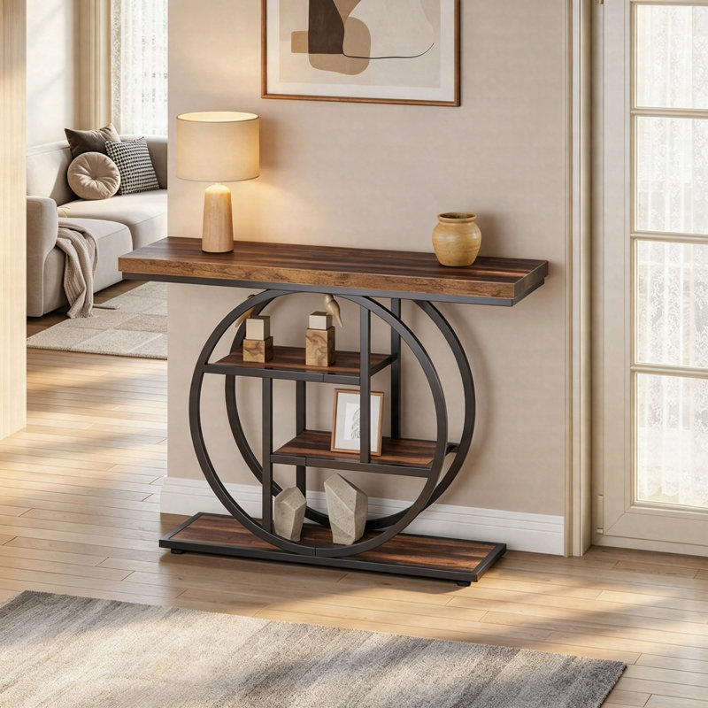 41.3" Industrial Console Table, 4-Tier Entryway Sofa Table With Circle Metal Base And Storage Shelves, Black, Rustic Brown