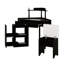Bureau de coiffeuse d'angle triangulaire avec station de charge, tabouret rembourré, armoire latérale coulissante, plateau de table en verre, tiroir et tablette