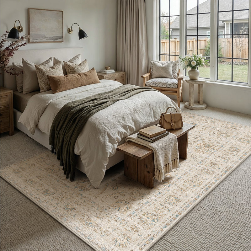 Quinn Vintage Washable Area Rug With Non-Slip Backing, Beige, Rectangle 8' x 10'