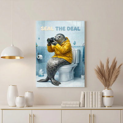 Seal The Deal Canvas Wrapped Wall Art Oil Painting Print With Seal In Yellow Jacket On Toilet Humorous Bathroom Decor (Set Of 1)