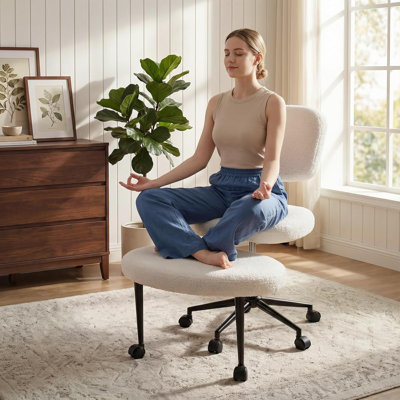 Ergonomic Cross Legged Office Chair With Wheels, Adhd Chair For Adults, Meditation Chair, Yoga Office Chair, Kneeling Chairs With Comfortable Back Support, Height Adjustable, Teddy Fabric, White