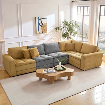 5 sièges, canapé modulaire surdimensionné, canapé d'angle en forme de L avec coussin de siège et de dossier amovible, canapé-lit et canapé convertible en tissu d'ameublement en velours côtelé pour le salon