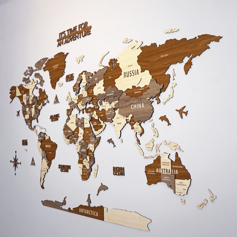 Wooden World Map Wall Art - 3D Wood Push Pin Maps - Multilayered 3D Wooden World Map, 54cm H x 100cm W