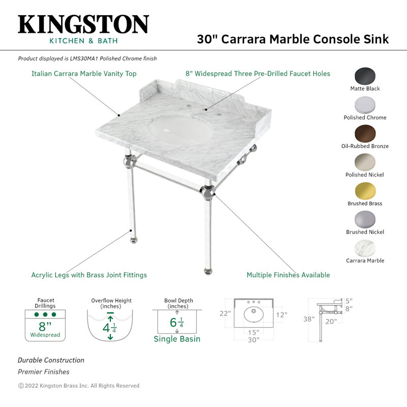 Kingston Brass Pemberton 30-Inch Carrara Marble Console Sink with Acrylic Legs (8-Inch, 3-Hole), Marble White/Polished Chrome