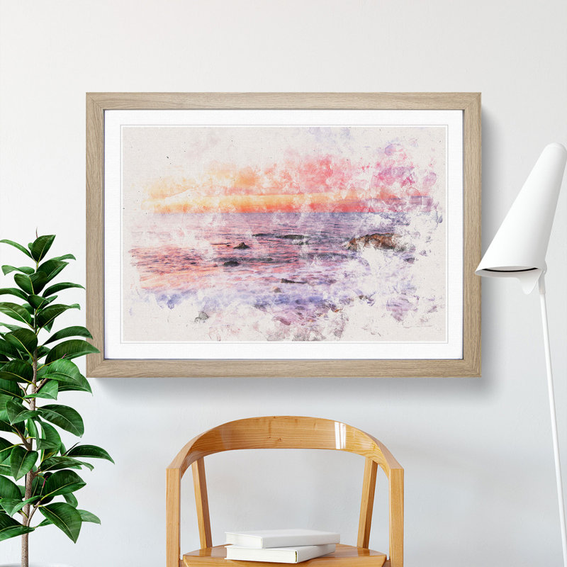 Beach in Spain Watercolour - Picture Frame Graphic Art Print, Oak Framed, 62cm H x 87cm W x 2cm D