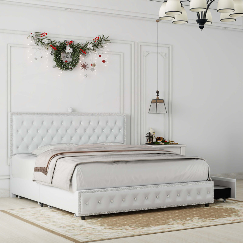 Upholstered Platform Storage Bed Frame With Galaxy Projector, 4 Dustproof Storage Drawers, Adjustable Vintage Nailhead Trim Headboard