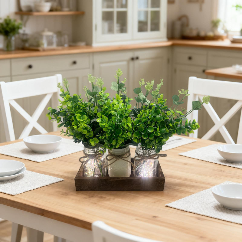 Ensemble de 3 centres de table Mason en eucalyptus, plateau en bois et DEL, Vert