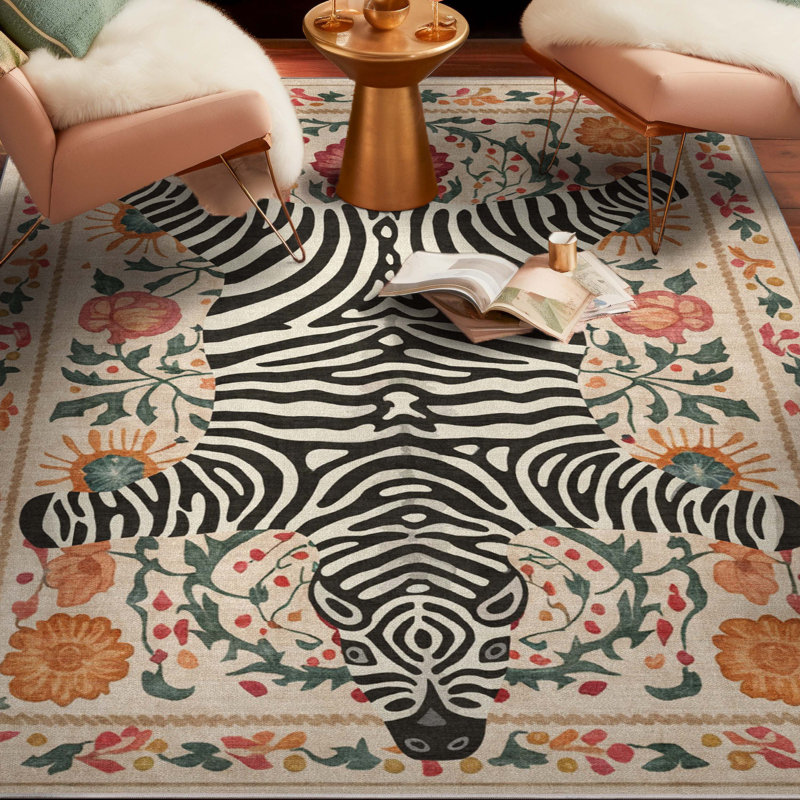 Tapis moderne à imprimé animalier multicolore Zebra’S Haven, Rectangle 7 pi 10 po x 9 pi 10 po 