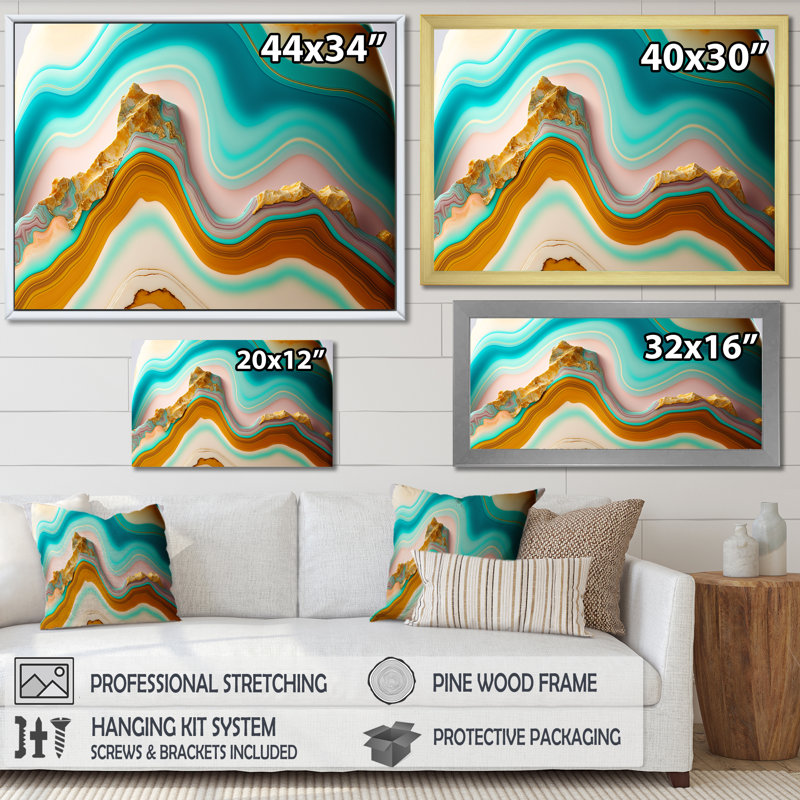 Liquide Harmony agate turquoise sur toile, Cadre simple noir, H 12 po x l 20 po x P 1 po
