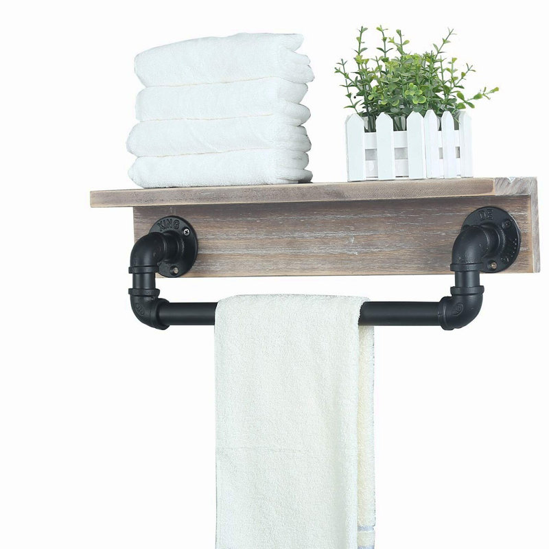 Rustic Farmhouse Industrial Pipe Shelf with Towel Bar - 20 Floating Wall Mounted Shelves for Bathroom and Home Decor in Retro Grey Wood
