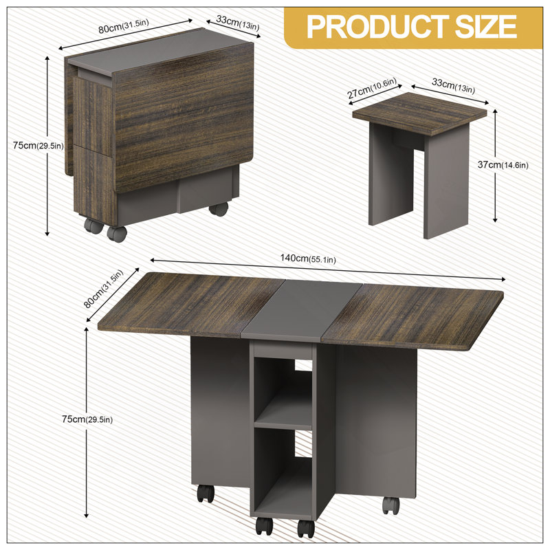 Ensemble de table de salle à manger extensible 5 pièces avec 4 chaises pour 4 personnes, ensemble de table de salle à manger en bois à abattant de 55 po avec rangement et 6 roulettes