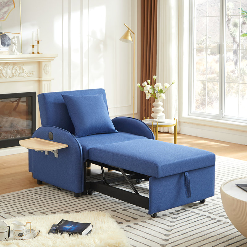 Canapé-lit, canapé-lit convertible 3 en 1 avec dossier réglable, table pliable et port USB, type C, fauteuil inclinable réglable, fauteuil pour salon, chambre à coucher, petit espace, bleu foncé