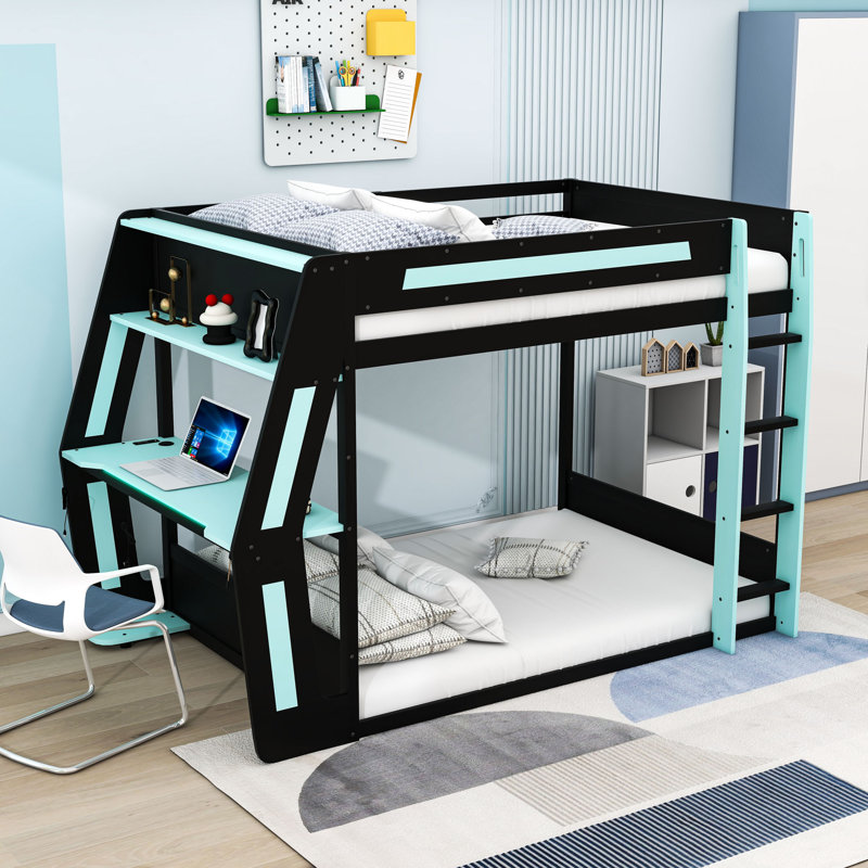 Lit superposé double en bois avec bureau, ports de charge USB et lumière DEL, Bleu nuage