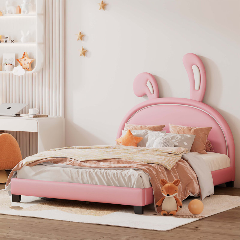 Lit plateforme tapissier en cuir avec ornement en forme de lapin, Full, Argent