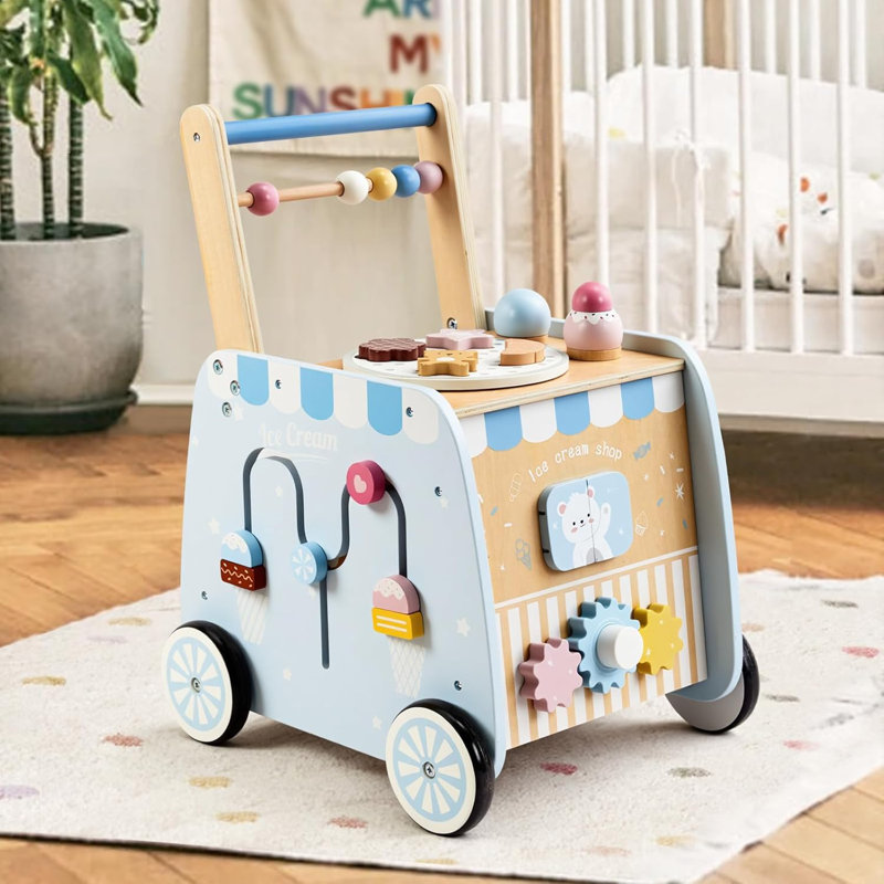 Poussette en bois pour bébé avec centre d'activités pour la crème glacée, trotteur Montessori pour tout-petits avec trieur de formes, labyrinthe et roues en caoutchouc