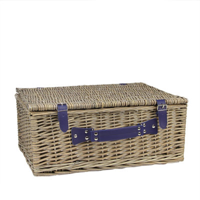 8" x 18.25" Gray Hand Woven Scripted Willow Insulated 4-Person Picnic Basket Set with Accessories