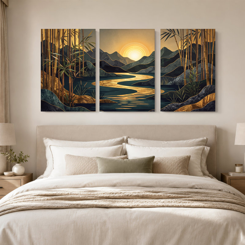 «Bamboo Forest River Mountains Golden Sunset», ensemble de 3 toiles murales, H 24 po x l 16 po x 3 pièces