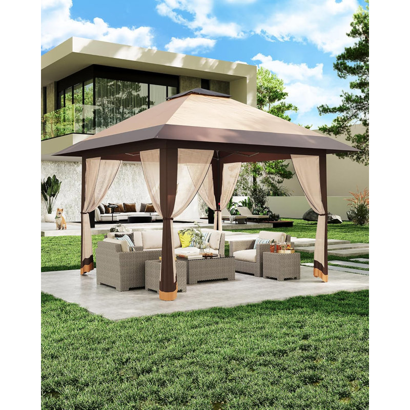 13X13ft Outdoor Pop Up Gazebo, Height Adjustable Pop Up Tent Gazebo With Mesh Cover, Khaki