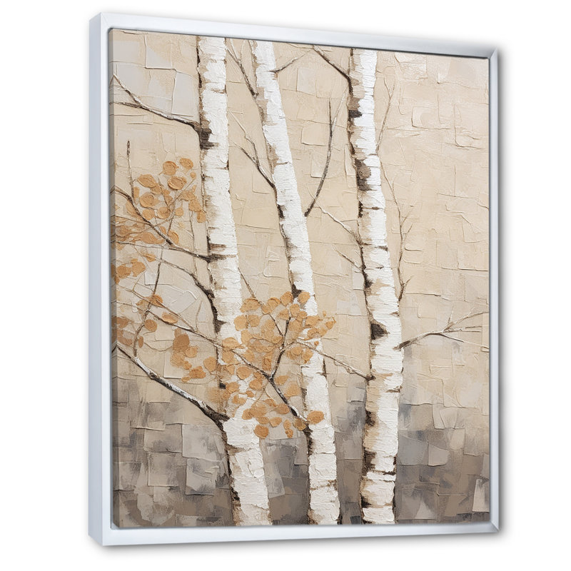 Beige minimalisme arbre bouleau III sur toile, Cadre flottant blanc, H 40 po x l 30 po x P 1,5 po
