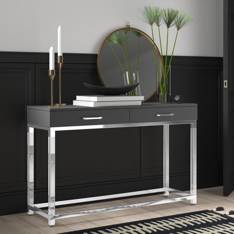 Ungar Maximo Console Table For Entryway Living Room, Dark Gray/Chrome