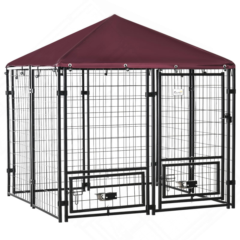 Chenil d'extérieur pour chien 5 pi x 5 pi x 5 pi avec porte-bol rotatif, parc pour animaux de compagnie, clôture pour chien en acier soudé avec auvent résistant à l'eau et aux rayons UV, noir et rouge