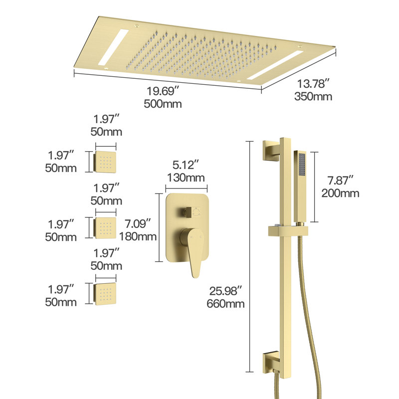 Système de douche à pluie encastré complet avec lumière DEL, barre Silde et 3 jets de corps Camino, Or brossé