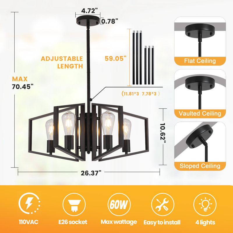 4 - Light Dimmable Geometric Chandelier, Matte Black