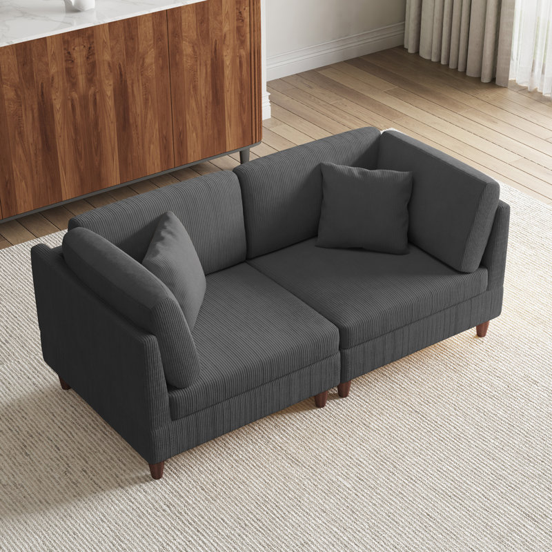 2 - Piece Upholstered Corduroy Modular Sectional with Pillow Back and Solid Wood Legs, Grey