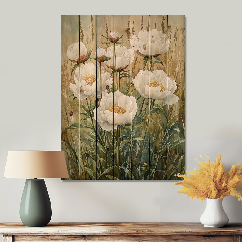 Pivoines dans un champ d'herbe ouverte I - Art mural en bois pivoines - sur bois de pin naturel