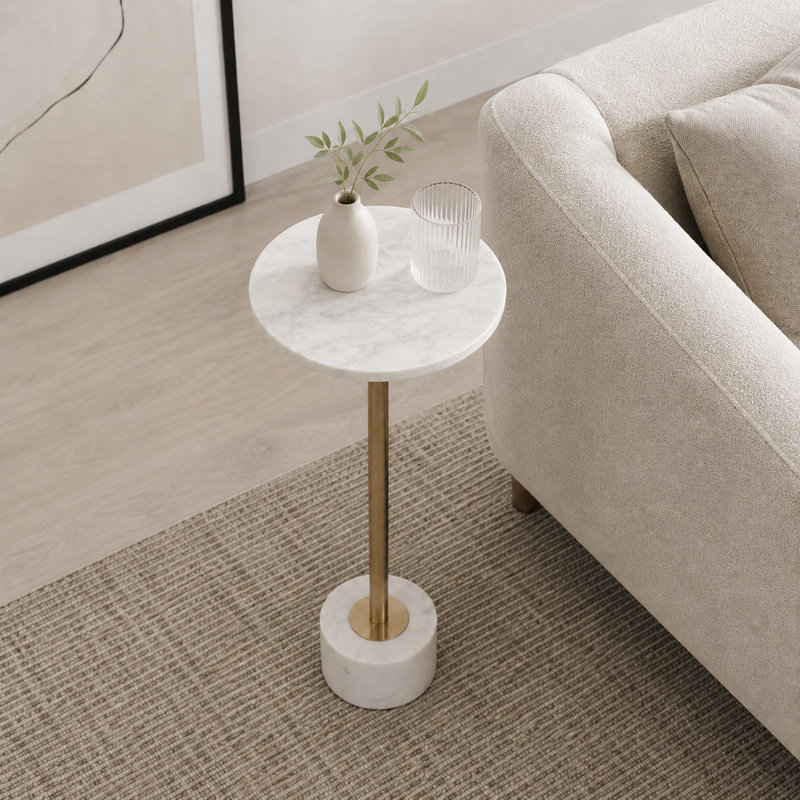 Decorative Round Metal Marble Top Drink Side Table with Pedestal Base for Living Room - Modern Accent Table for Slim Narrow End Table Design - White & Gold