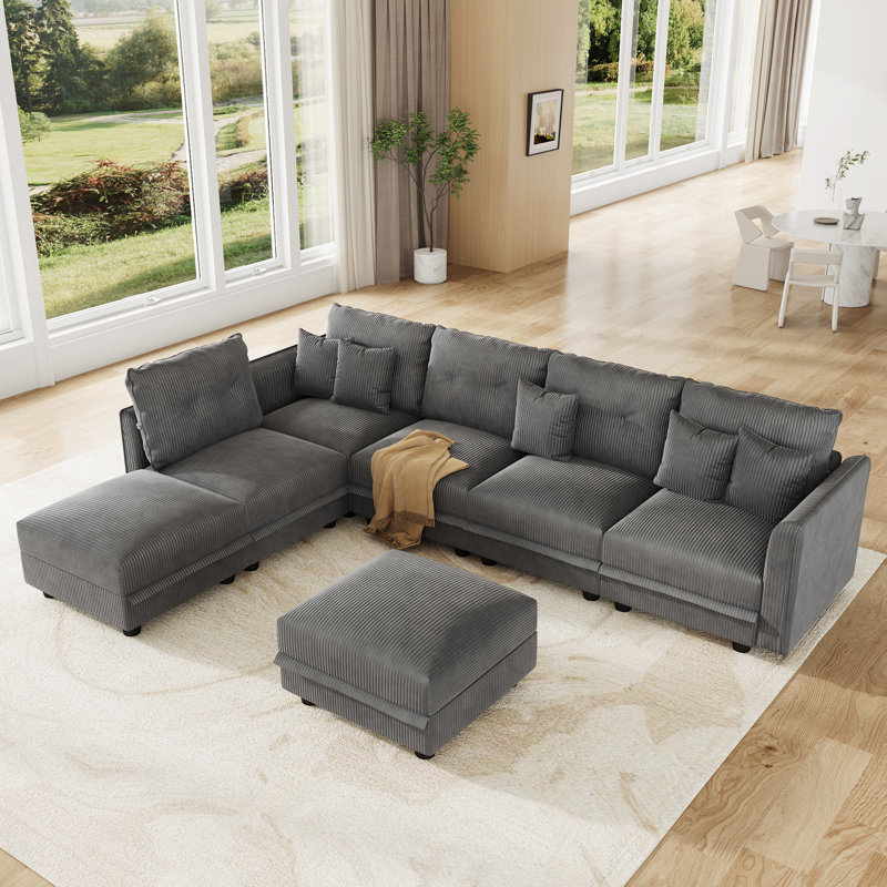 7 Seat Corduroy Convertible Modular Sectional Sofa With Storage, 5 Back Cushion 5 Throw Pillow, Gray Corduroy