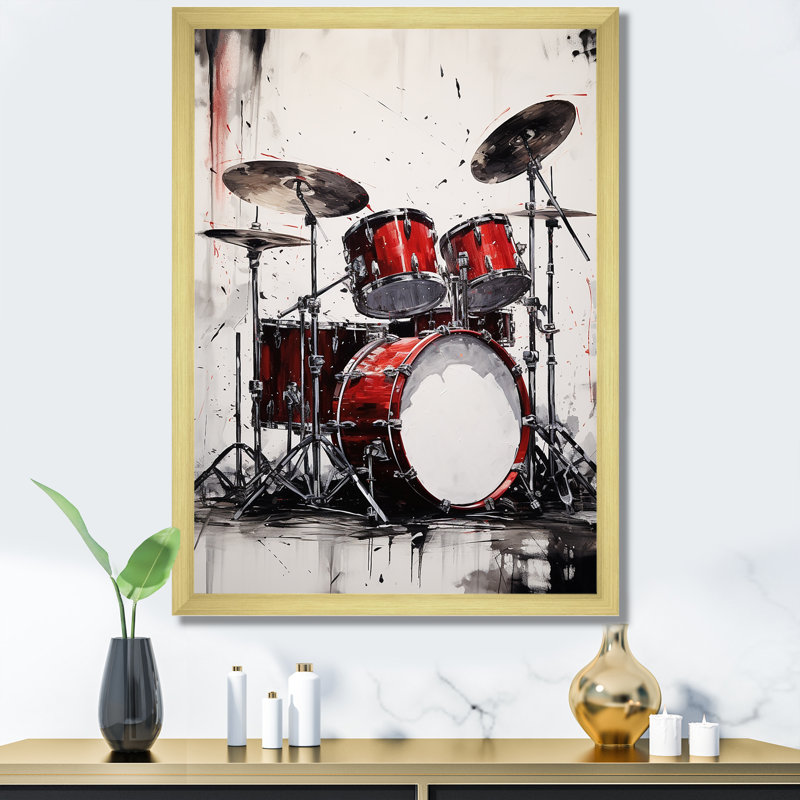 «Music Drums Pulse Deep Red II» sur toile, Cadre doré simple, H 32 po x l 16 po x P 1 po